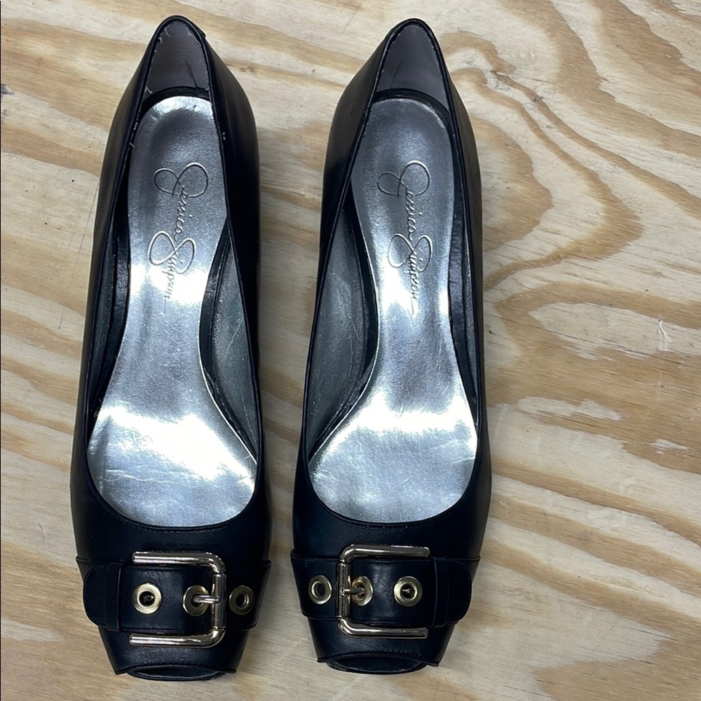 Jessica Simpson:  Black Leather Flats with Gold Buckle